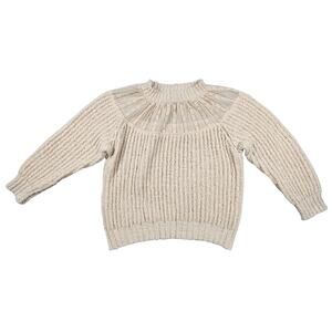 Boho Knitted Fuzzy Sweater Sheer Neck Long Sleeve Womens Size Large Beige